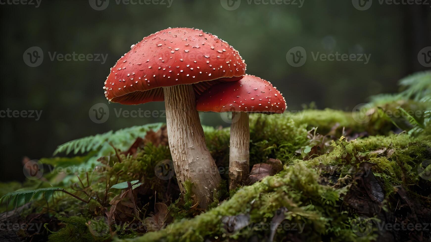 Enchanting Red Mushrooms in Mossy Forest with dark background photo