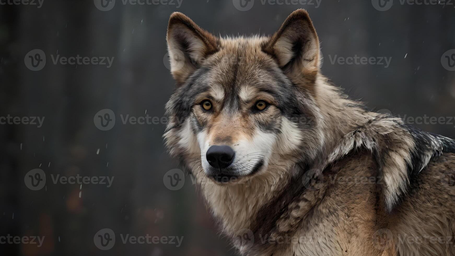 Close Up Of A Majestic Grey Wolf in Winter Forest Portrait dark background photo