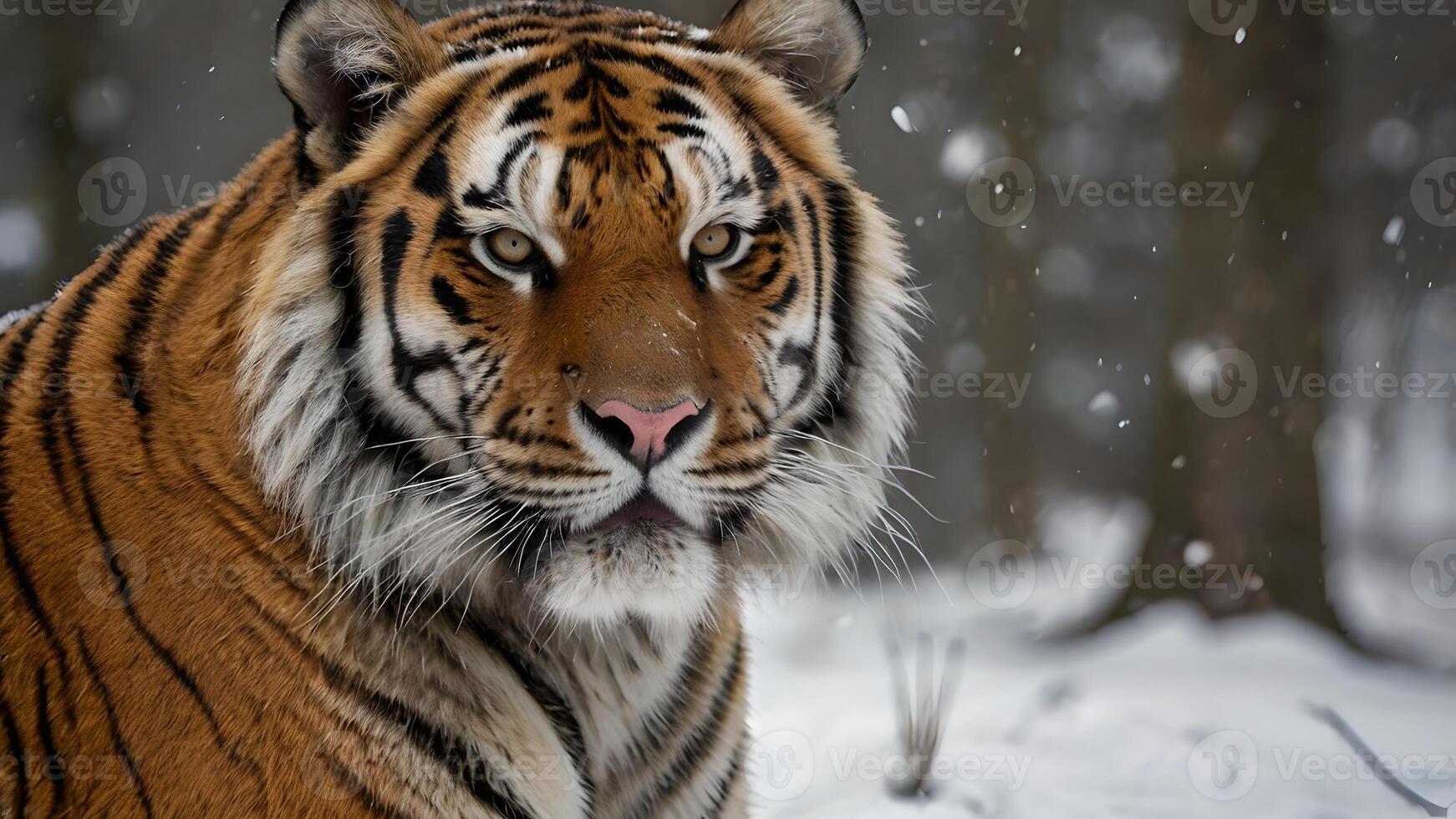 Majestic Siberian Tiger in Snowy Winter Forest with copy space photo