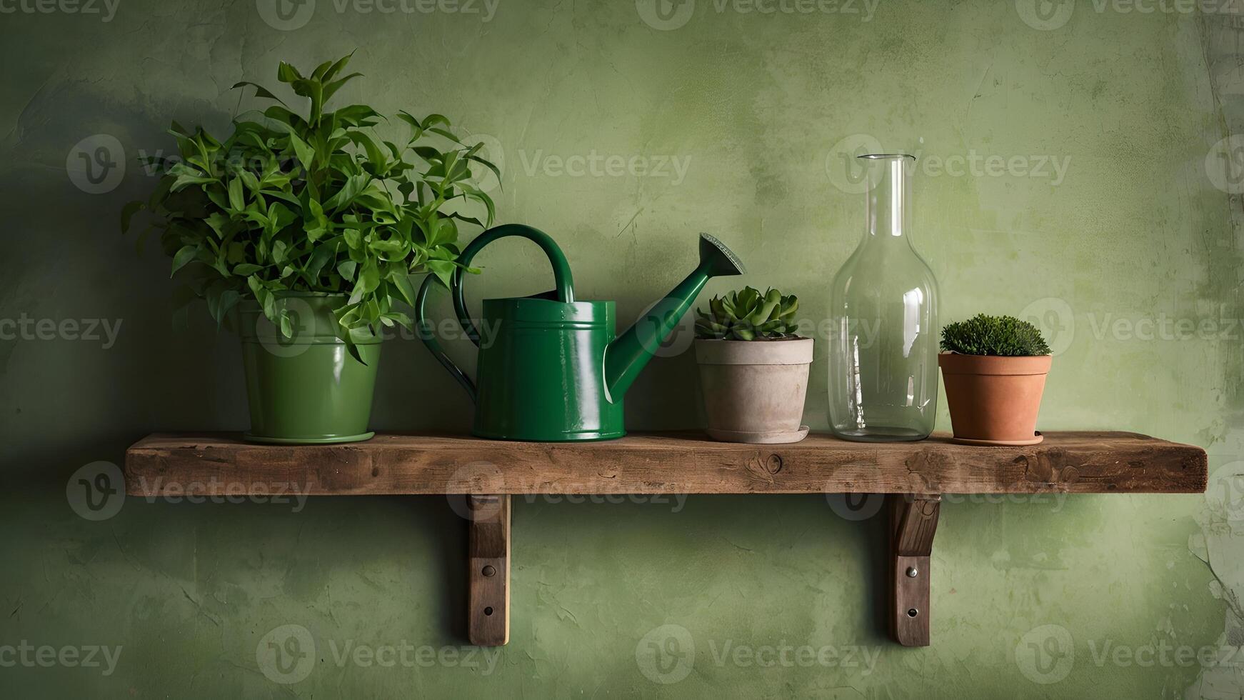 Serene Rustic Shelf with Green Plants and Watering Can photo