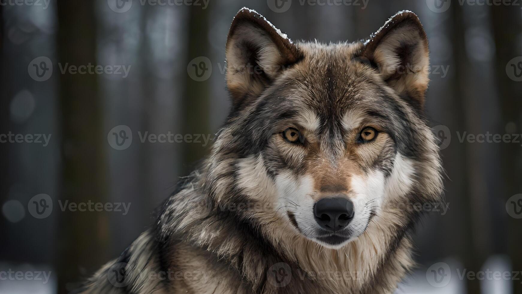 Close Up Of A Majestic Grey Wolf in Winter Forest Portrait with copy space photo