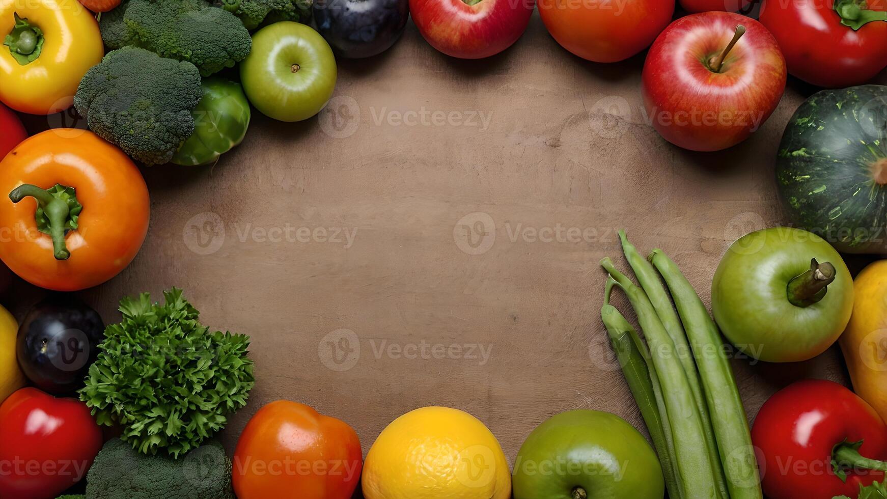 Vibrant Fruits and Vegetables Border on Wooden Background photo