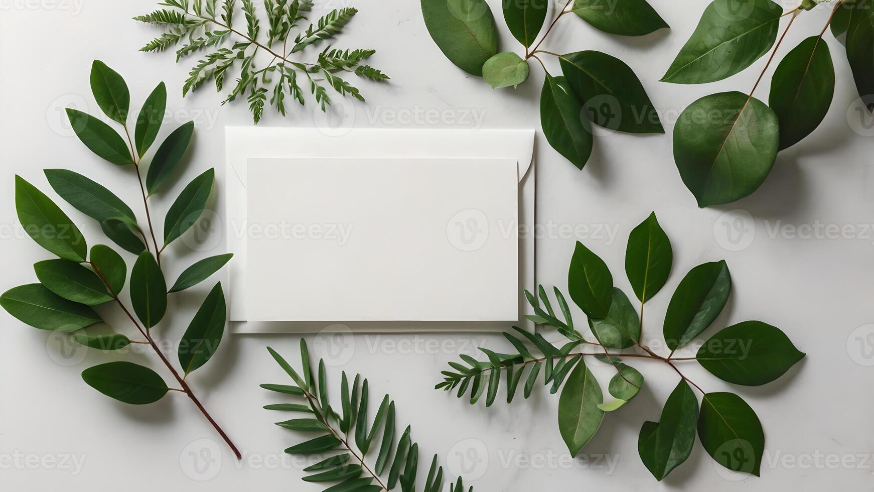 Elegant White Invitation Card with Green Leaves Botanical Frame photo