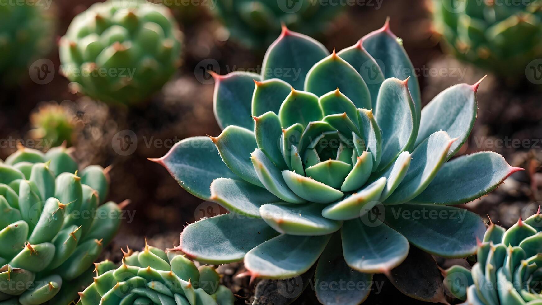 Vibrant Green Succulents in Sunny Garden Close Up photo