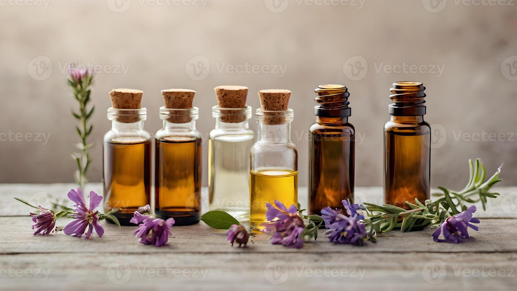 Essential Oil Bottles with Wildflowers on Rustic Wooden Table photo