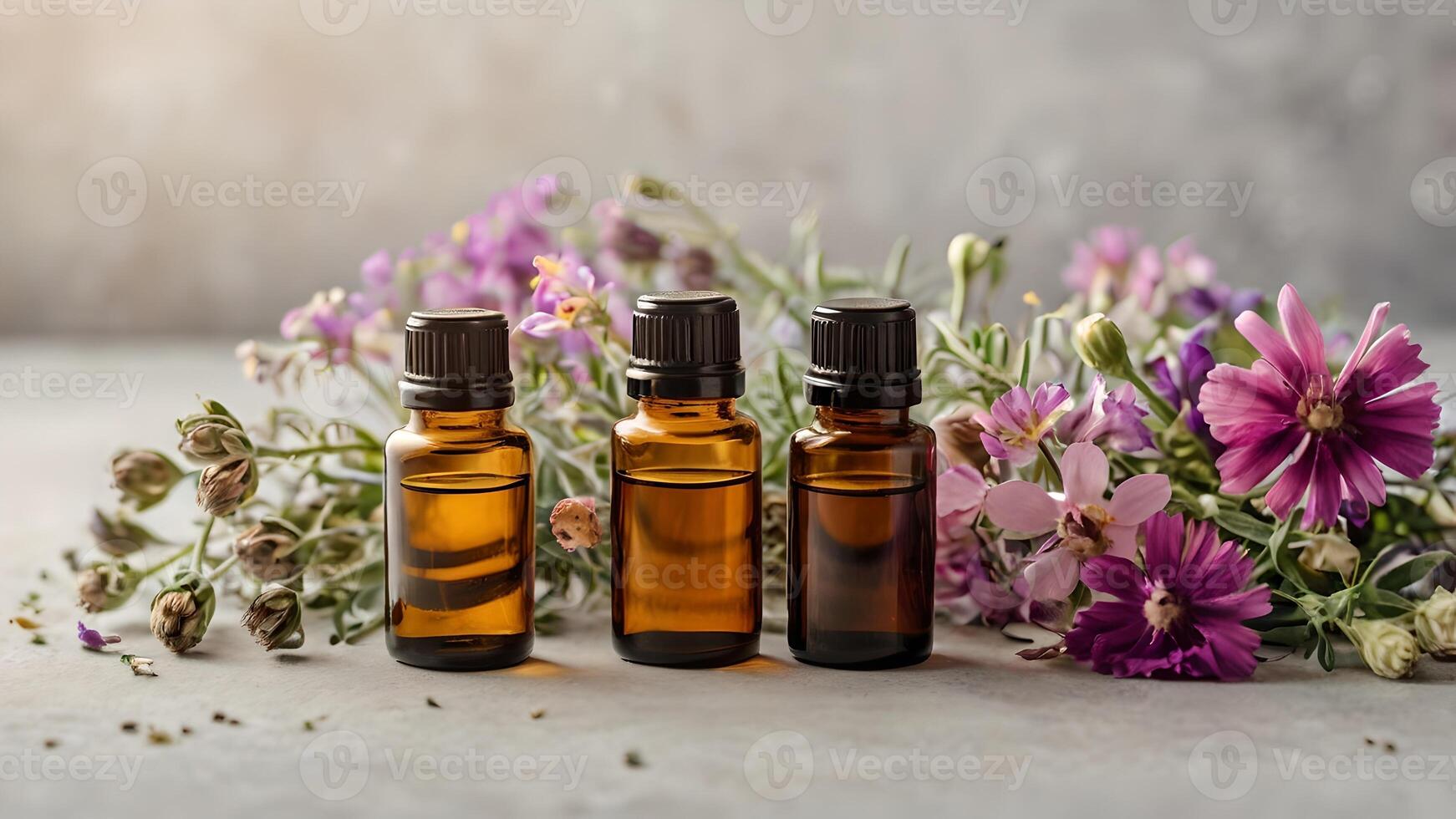 Aromatic Essential Oils with Wildflowers on Grey Background photo
