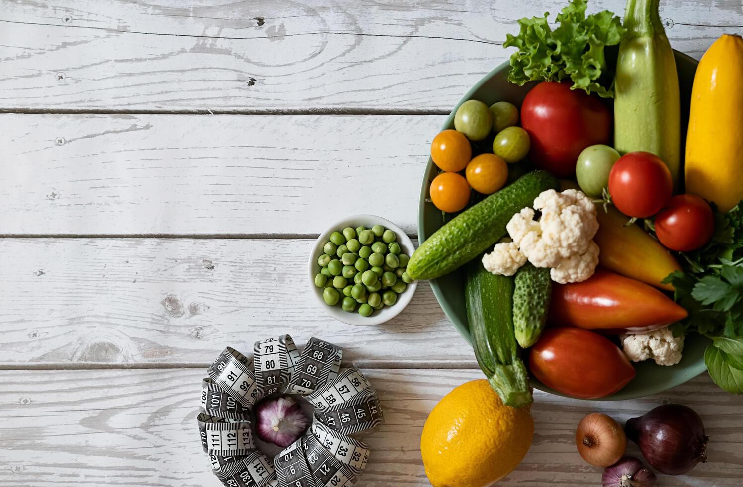 menu or program, roulette, water, dumbbells and diet food from fresh fruits on a white background, the concept of weight loss and detoxification, top view photo