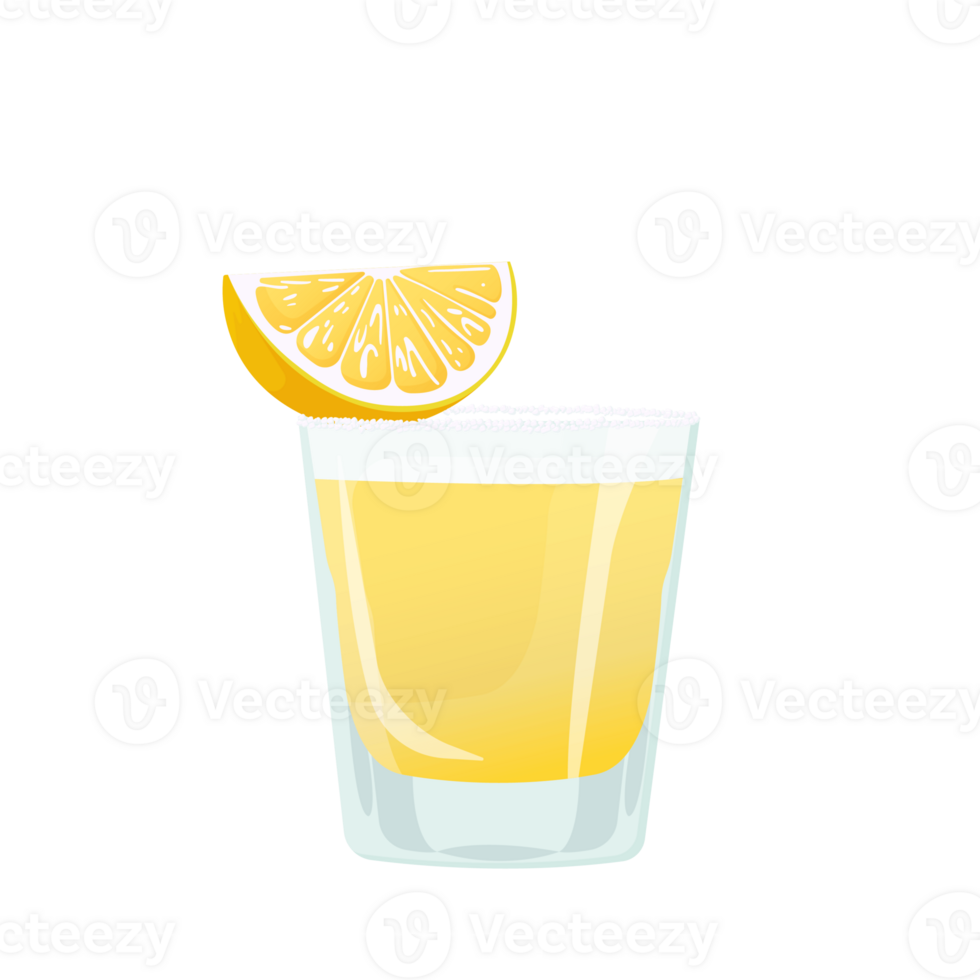 Tequila shot with salt and lemon isolated on transparent background flat illustration png