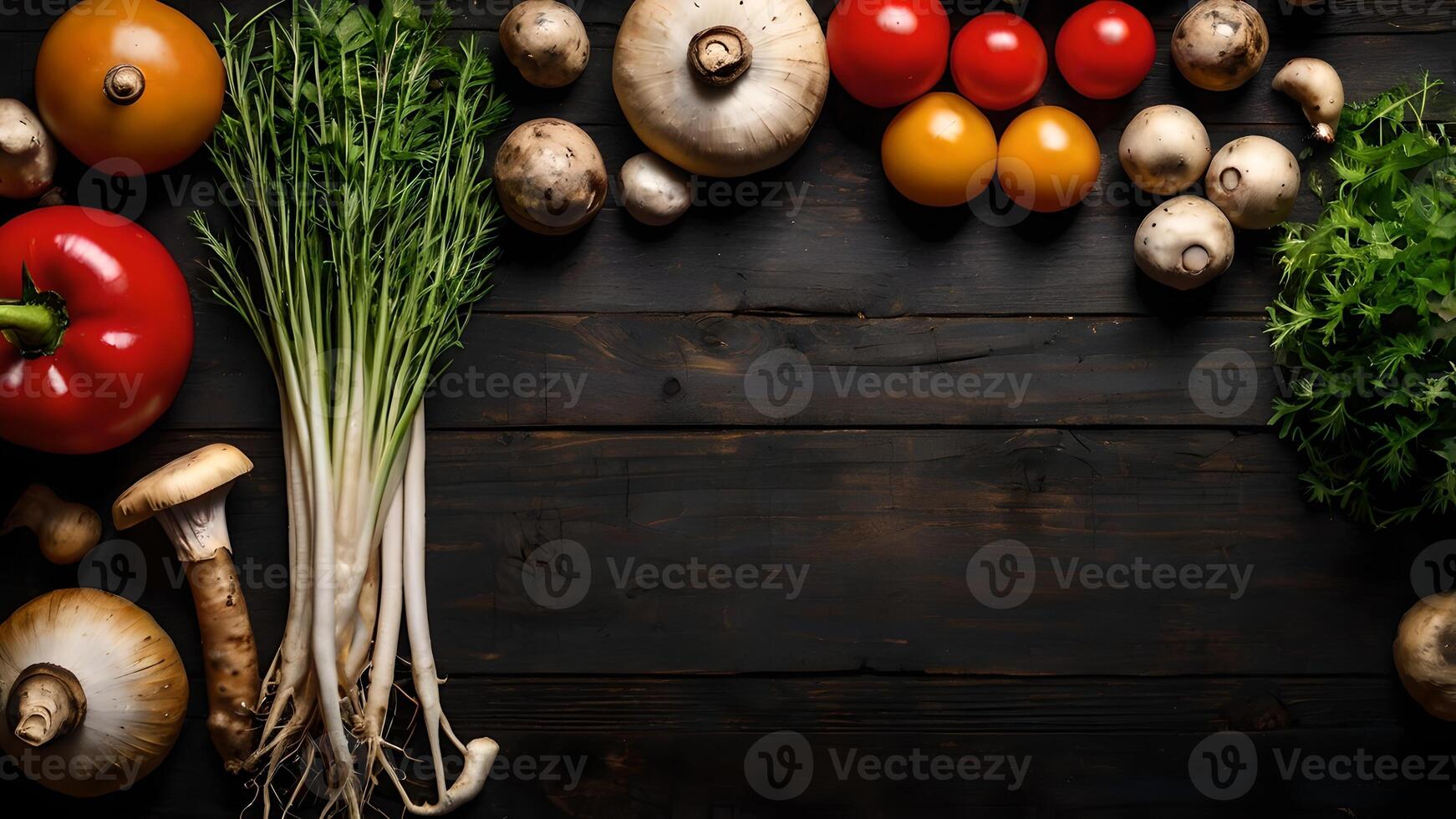 Rustic Harvest Vegetables and Mushrooms on Dark Wooden Background photo