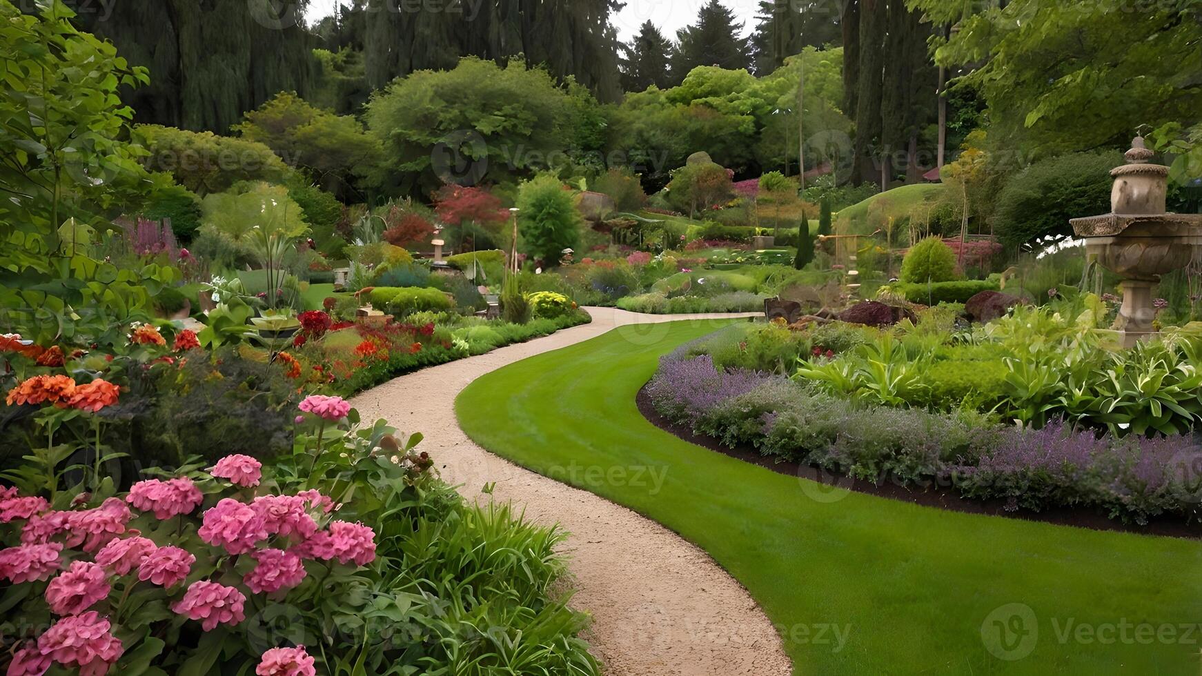 Serene Botanical Garden Landscape with Winding Path and Fountain photo