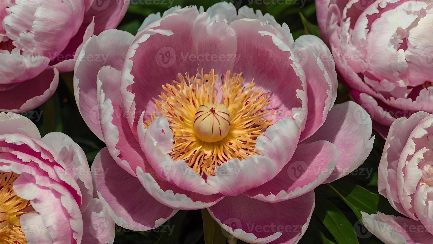 Blooming Pink Peonies in Lush Garden photo