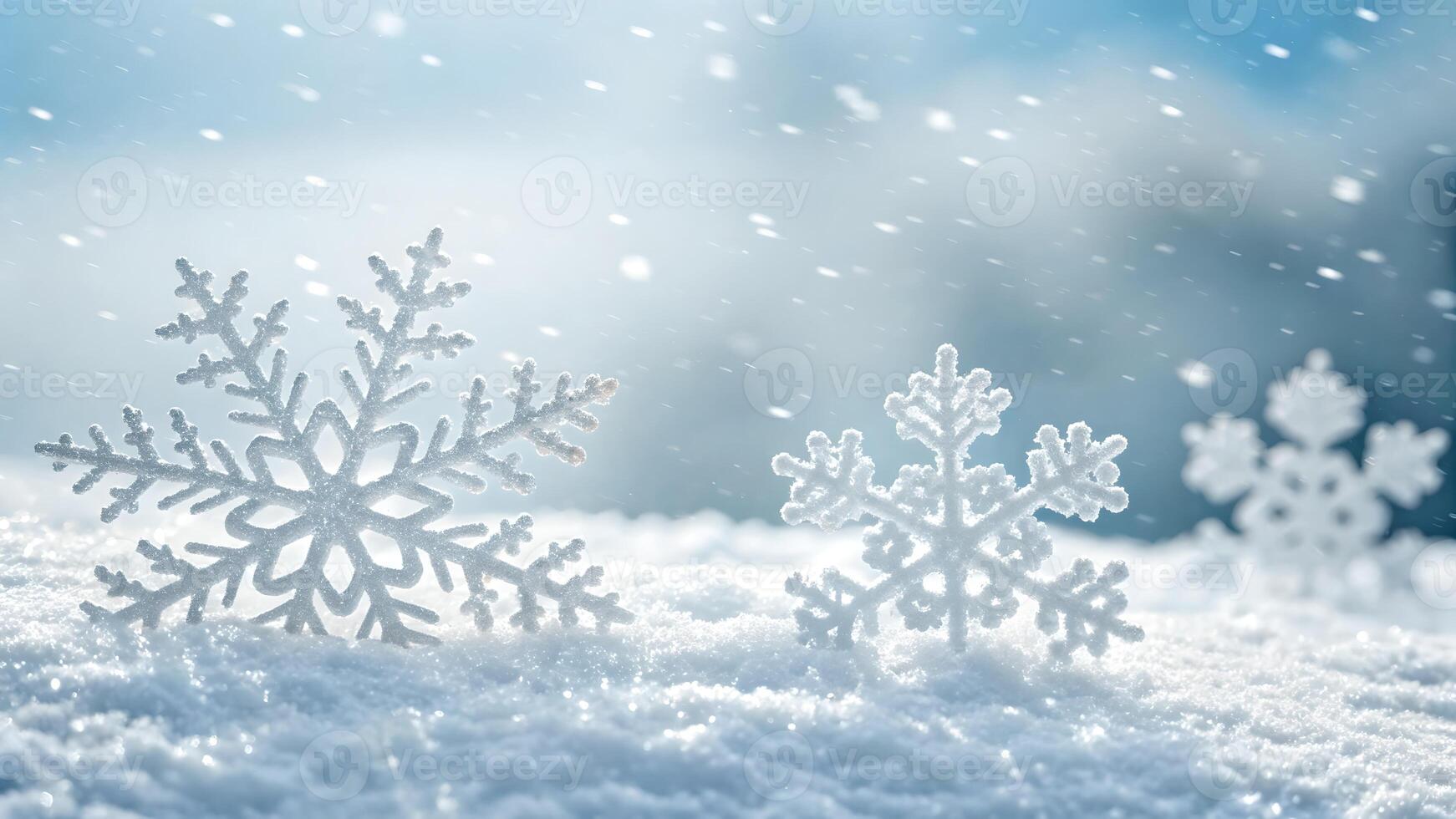 Close up of Snowflakes Sparkling Winter Snowflakes on Snowy Landscape photo