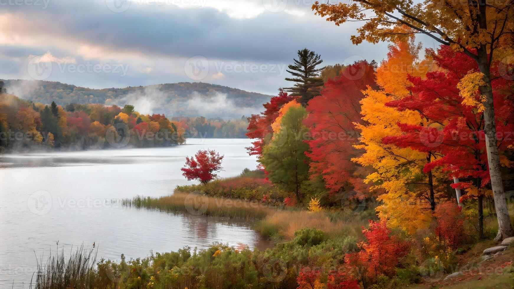 Serene Autumn Lake Mist colrful trees with mountains photo