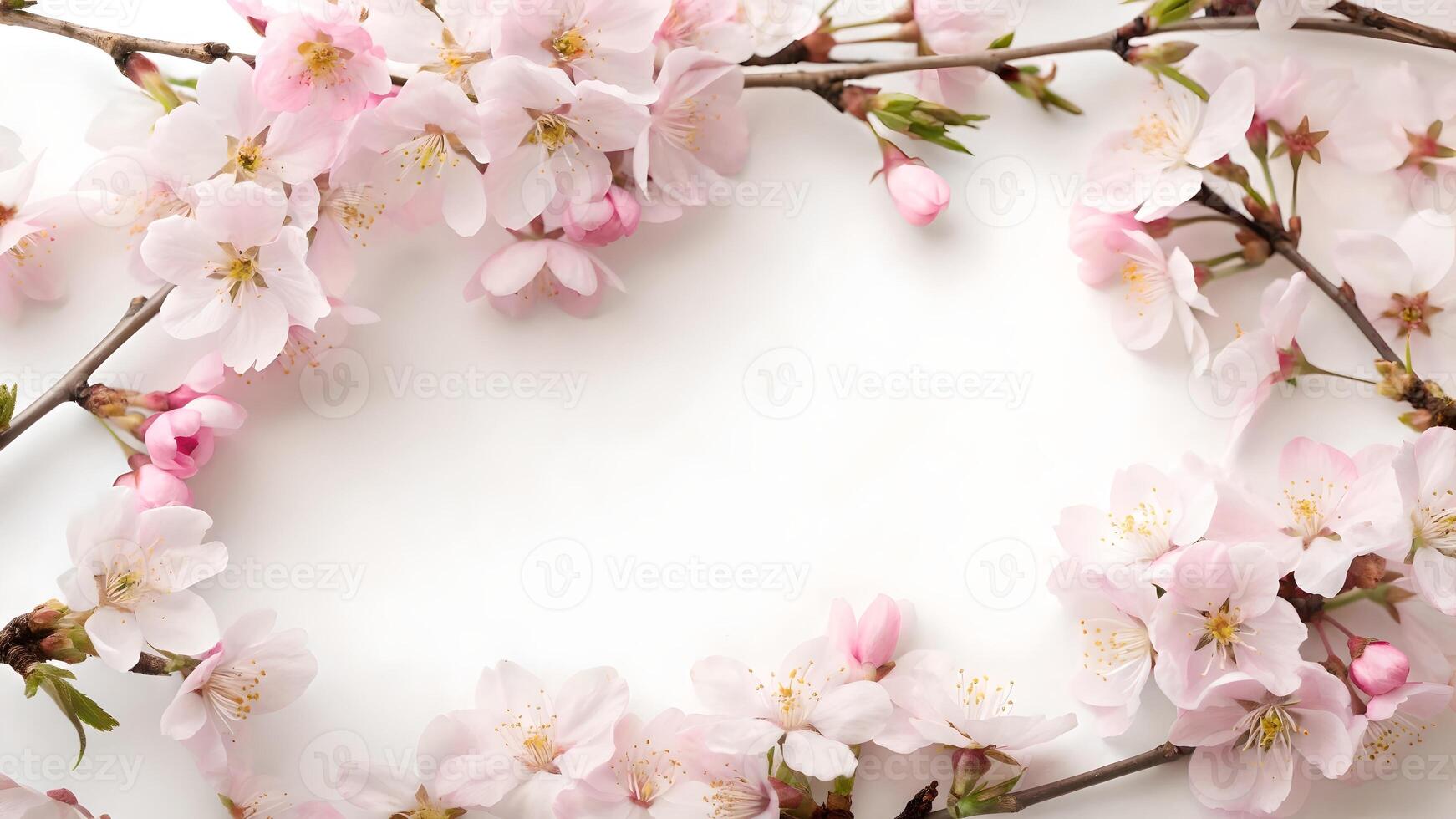 Delicate Pink Cherry Blossom Frame on White Background photo