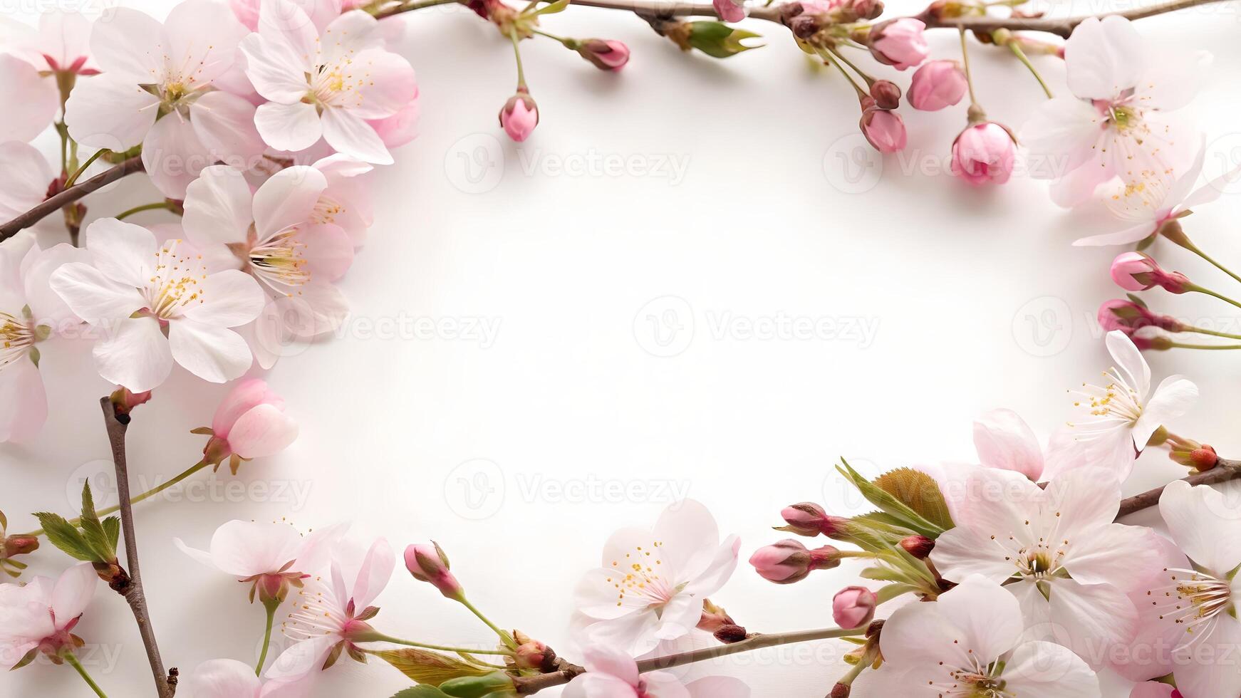 Delicate Pink Cherry Blossom Frame on White Background top view photo