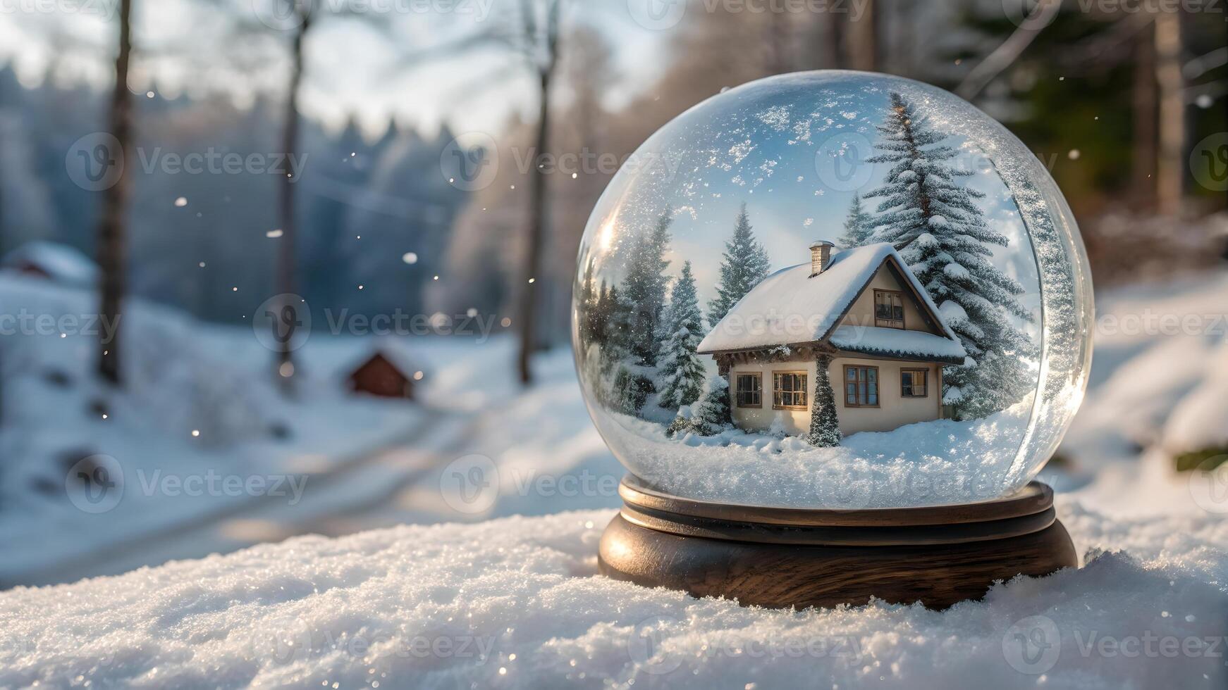 Winter Wonderland Snow Globe Scene Peaceful Snowy House photo