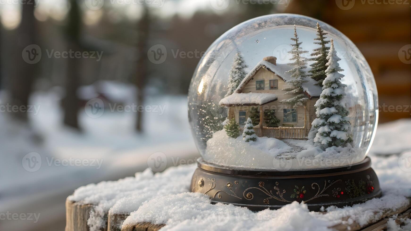 Winter Wonderland Snow Globe Scene Peaceful Snowy House on a wodden table covered with snow photo