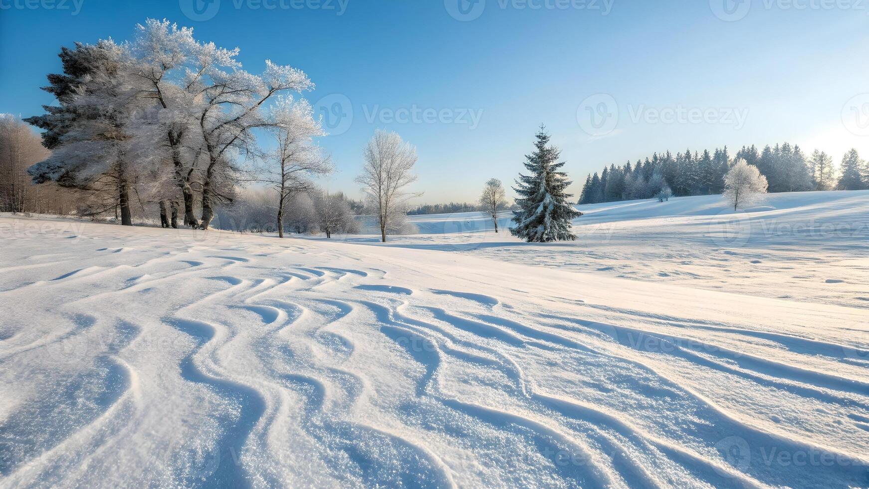 Winter Wonderland Panoramic Snowscape with Windswept Patterns clear sky photo