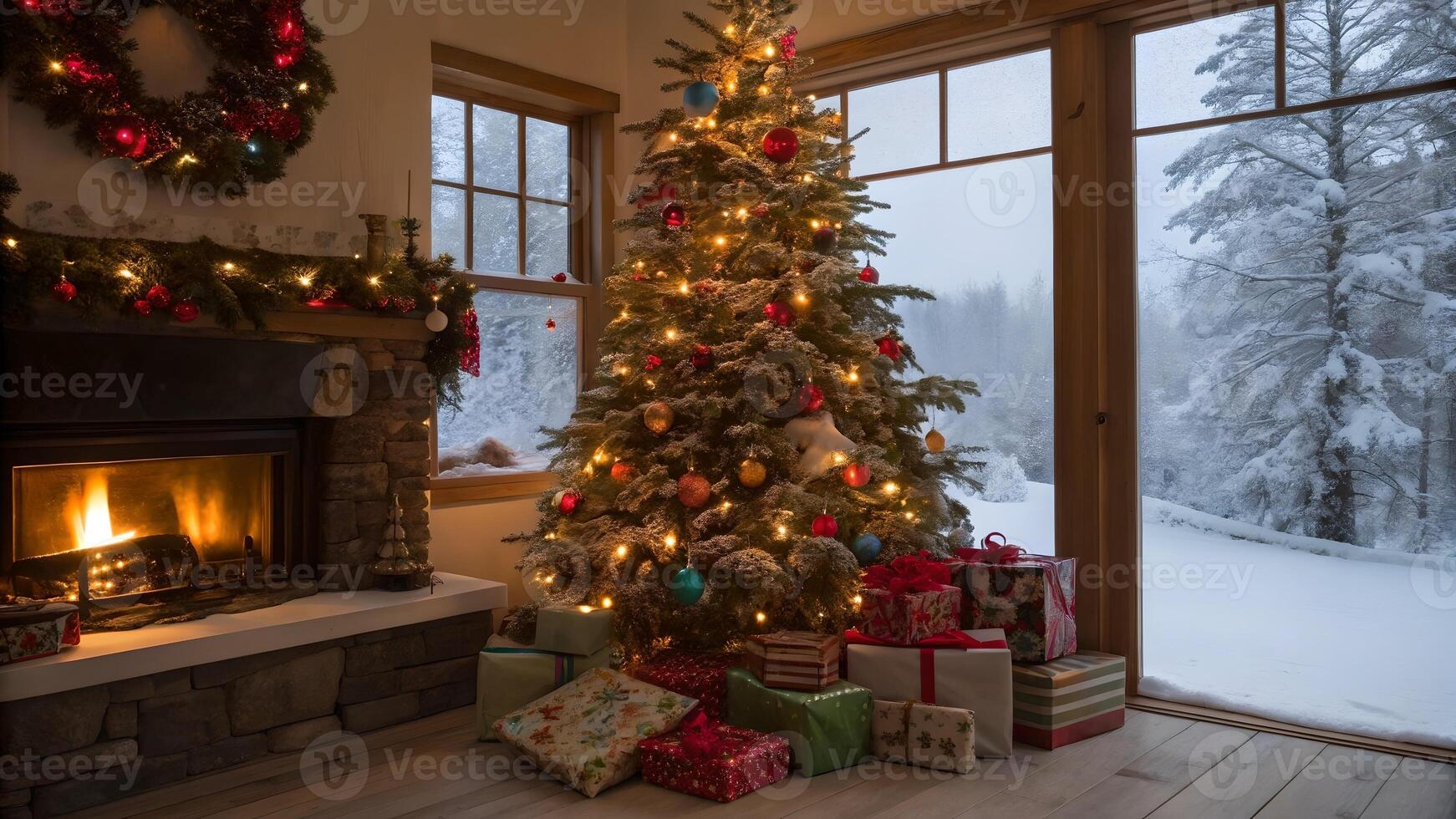 Cozy Christmas Eve by Fireplace and Snowy Window photo