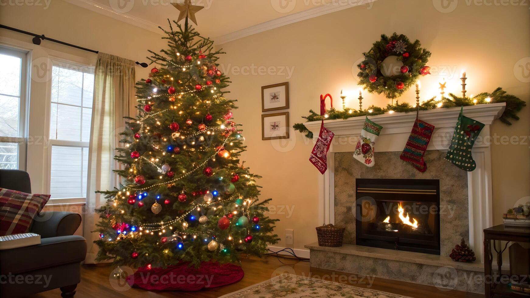 Cozy Christmas Living Room with Decorated Tree and Fireplace festive decoration photo
