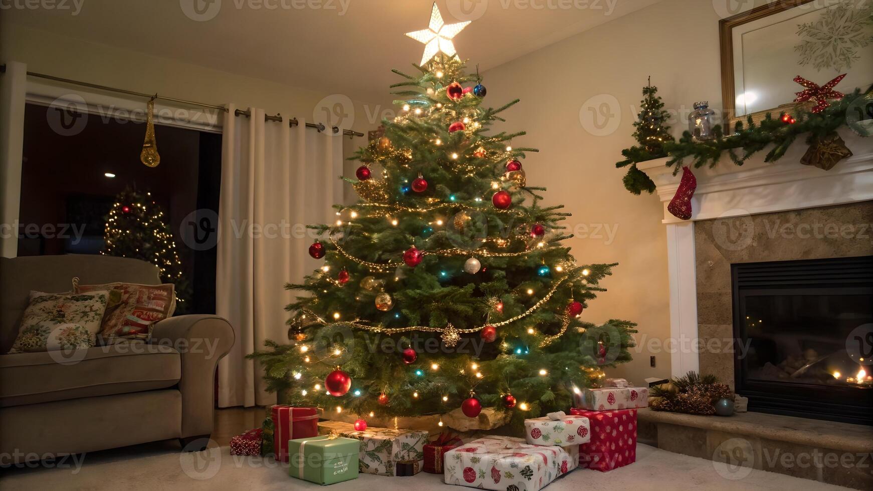 Cozy Christmas Living Room with Decorated Tree and Fireplace indoor photo