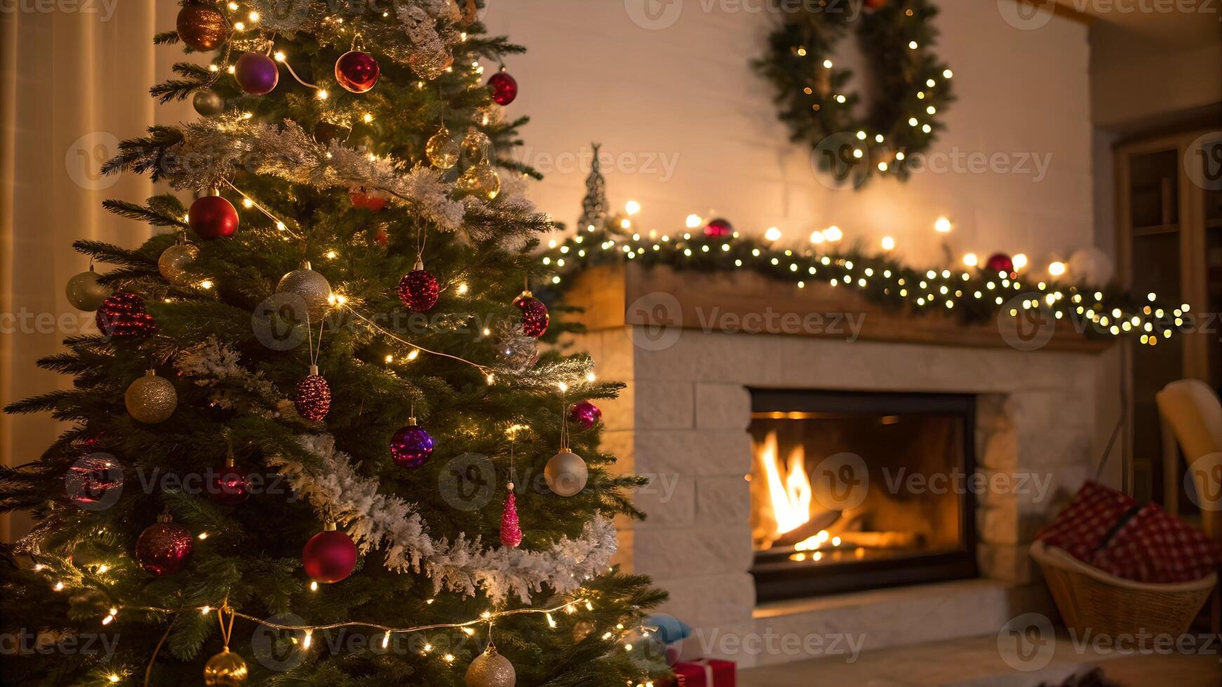 Cozy Christmas Eve Fireplace and Decorated Tree festive celebration photo