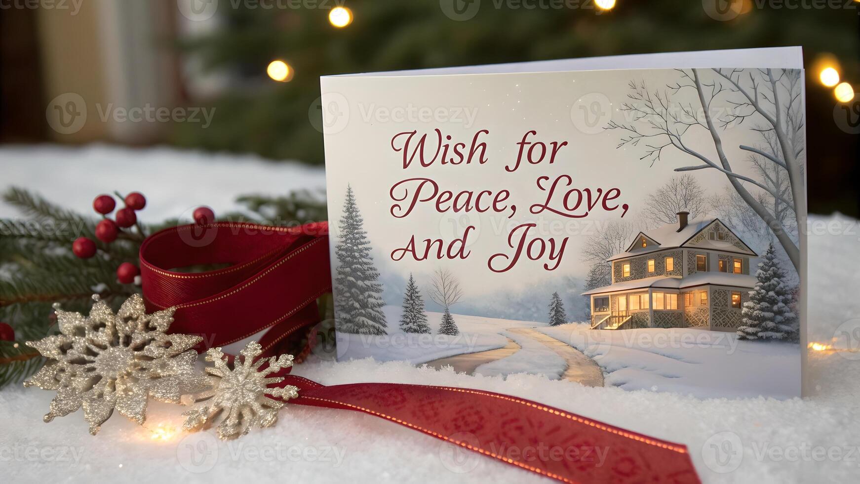 Christmas Card Wishing Peace Love and Joy Snowy Winter Scene photo