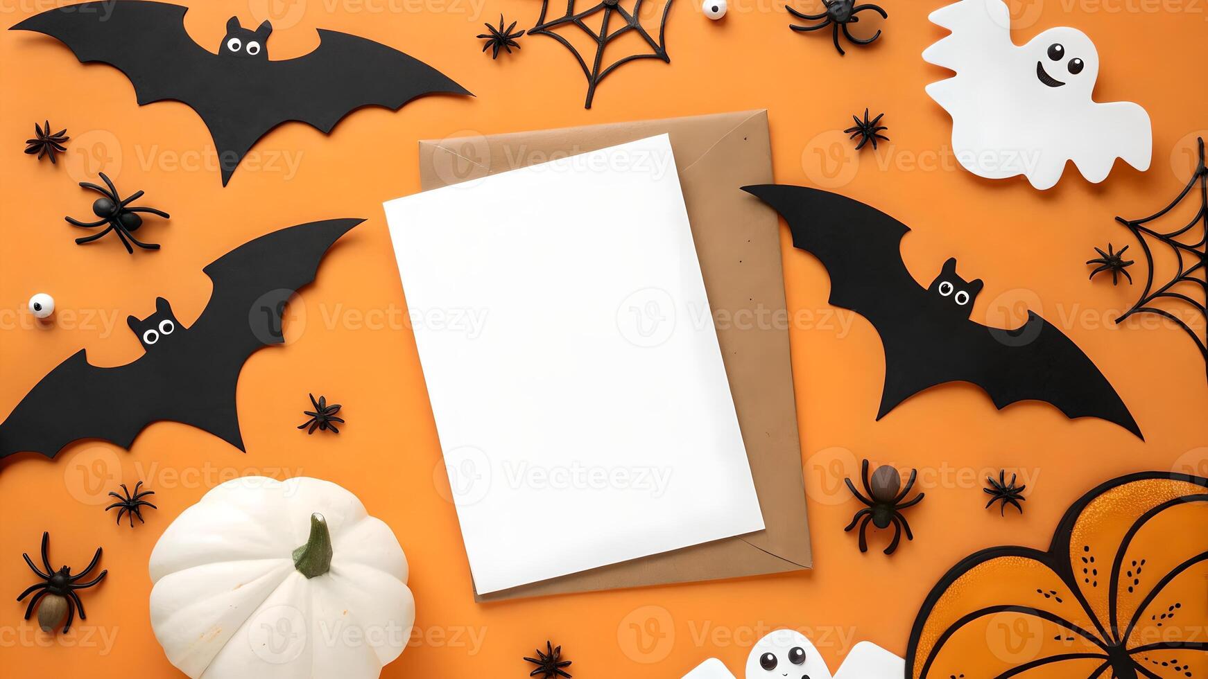 Happy Halloween Greeting Card Mockup with Bats Ghosts and Pumpkins photo