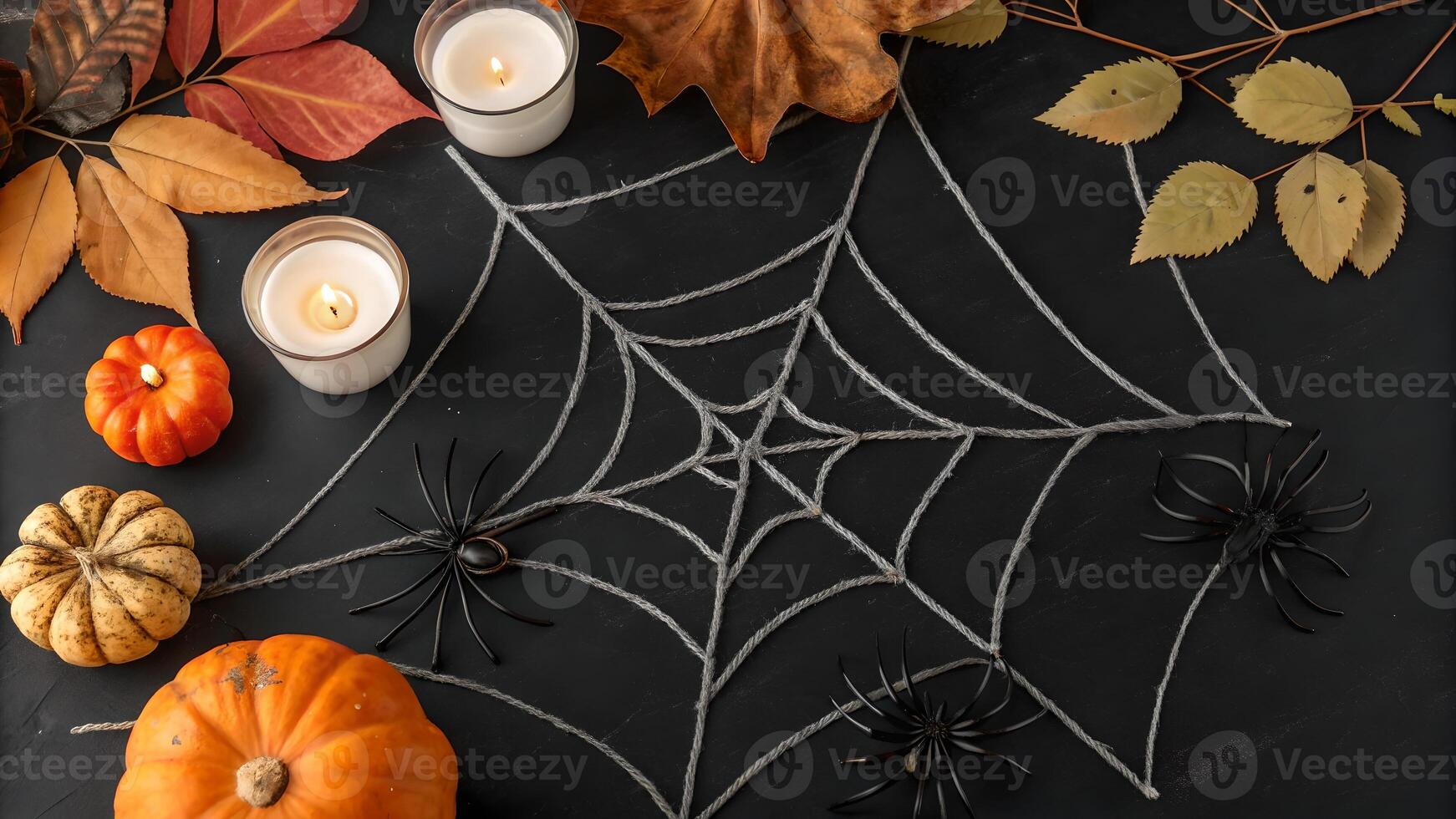 Autumn Halloween Flat Lay with Spiderweb and Pumpkins photo