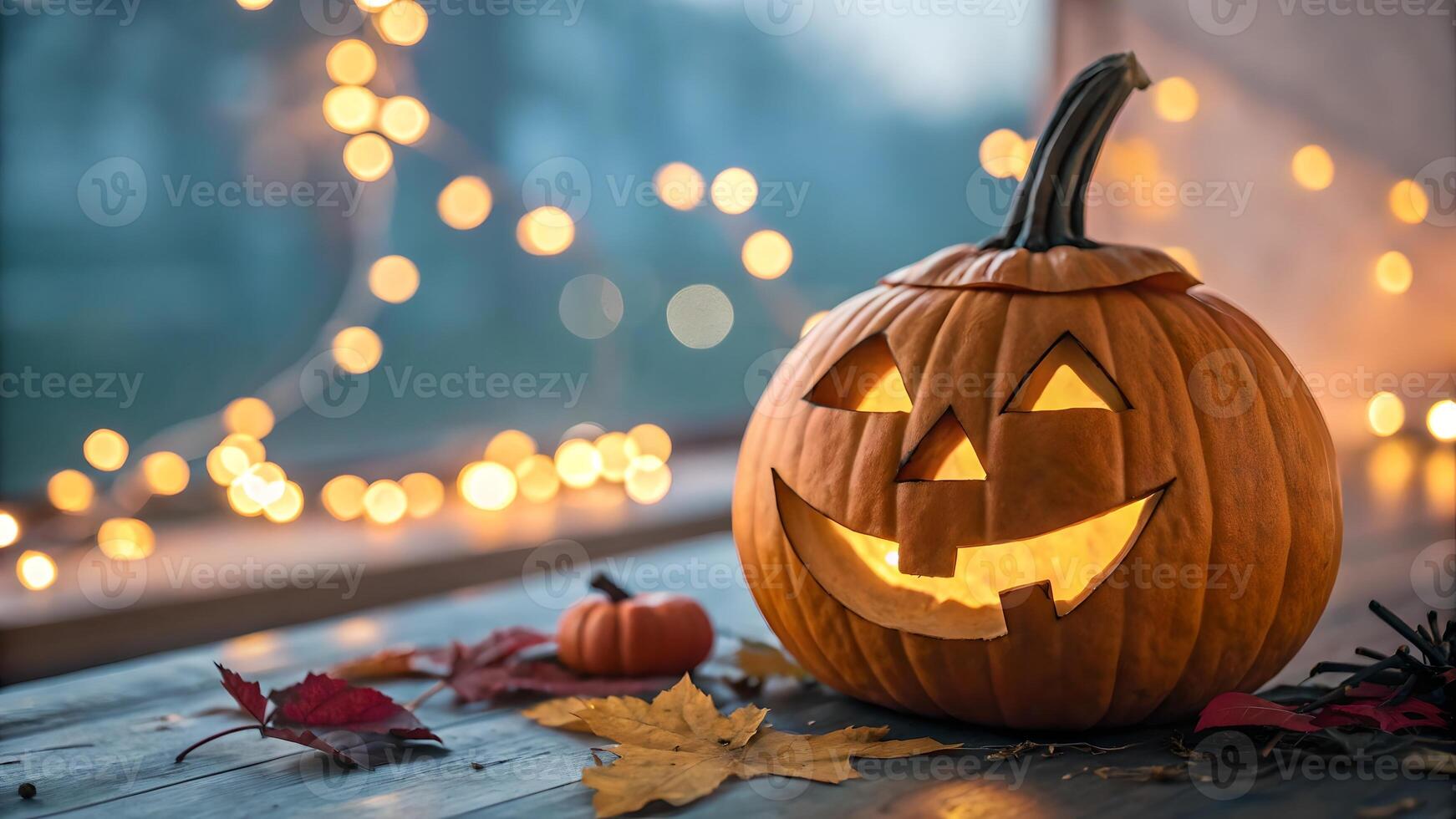 Illuminated Jack O Lantern on Autumnal Bokeh Background photo