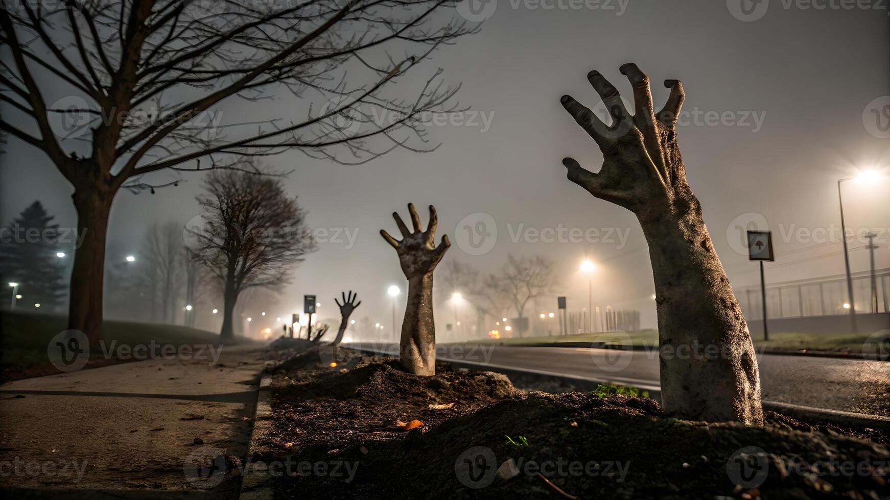 Spooky Zombie Hands Emerging from Graveyard on Foggy Halloween Night photo