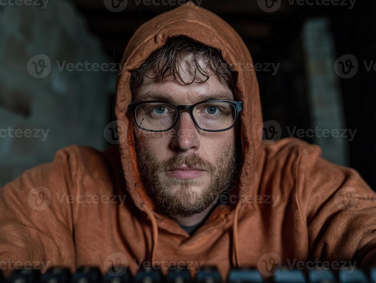 Man in hoodie looking at a computer screen photo