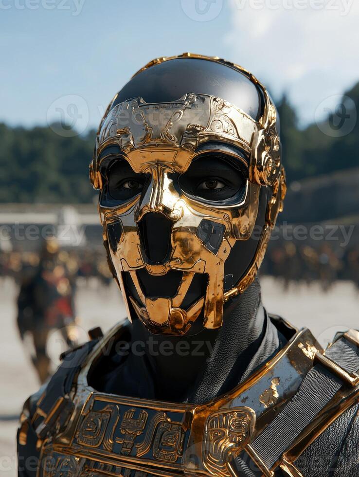 A warrior wearing a golden mask and armor stands ready for battle photo