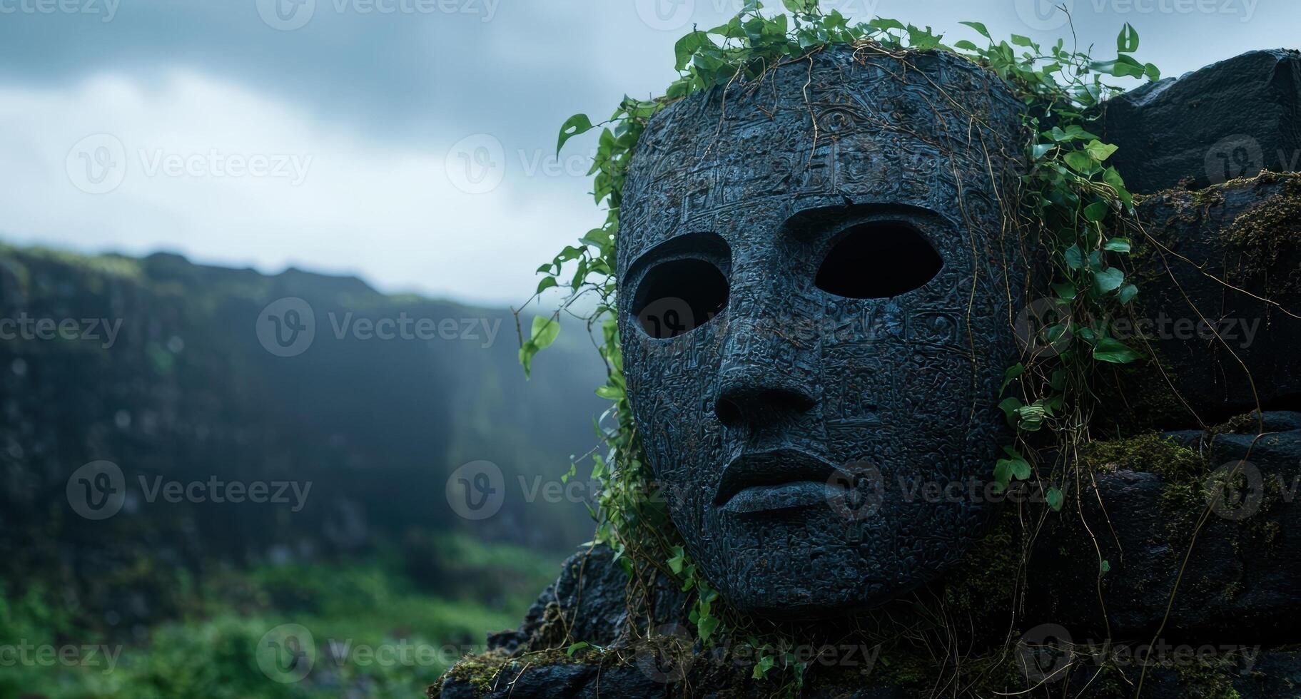 Ancient stone mask overgrown with vines in a natural setting photo