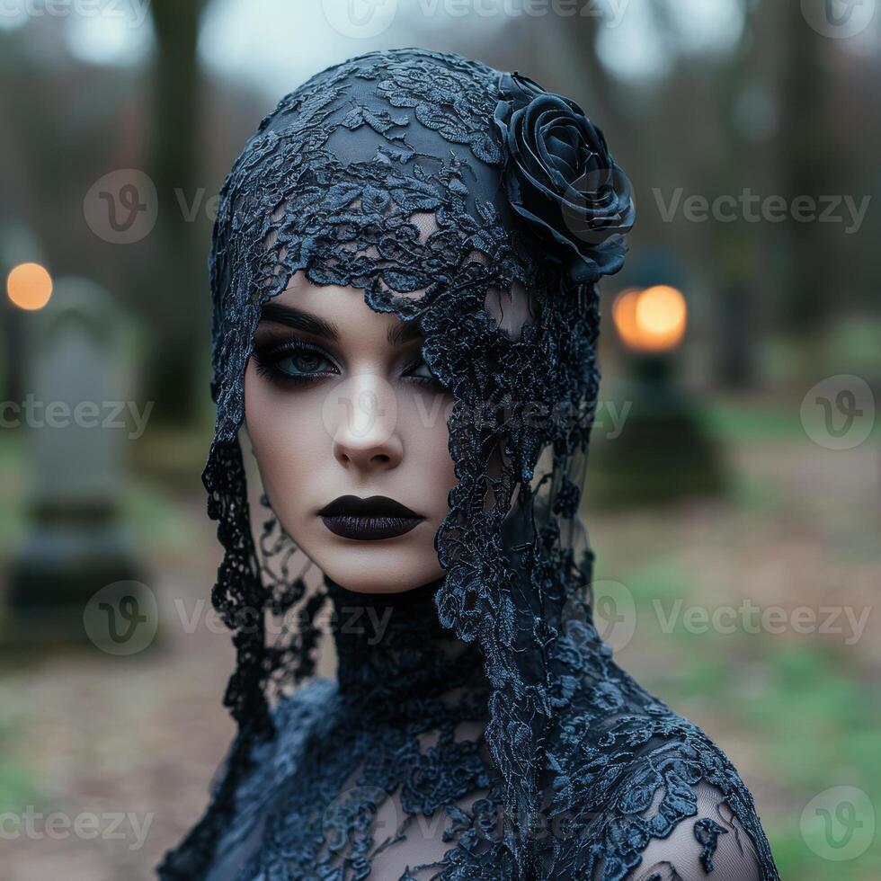 A woman in a dark lace veil with a rose in a graveyard photo