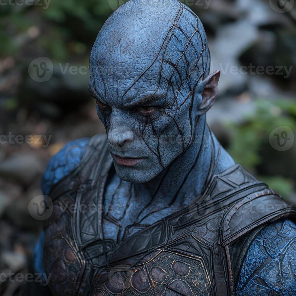 Alien warrior with blue skin and intricate markings photo