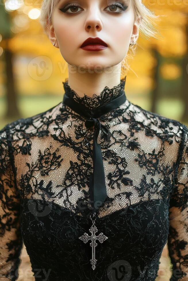 Woman in a lace dress with a cross necklace in an autumn setting photo