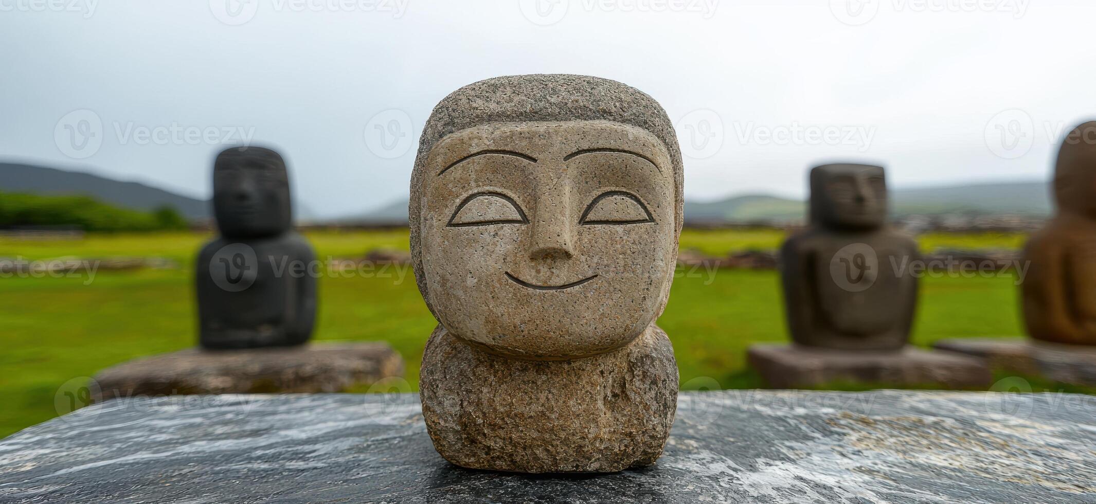 Stone statues with smiling face in a field photo