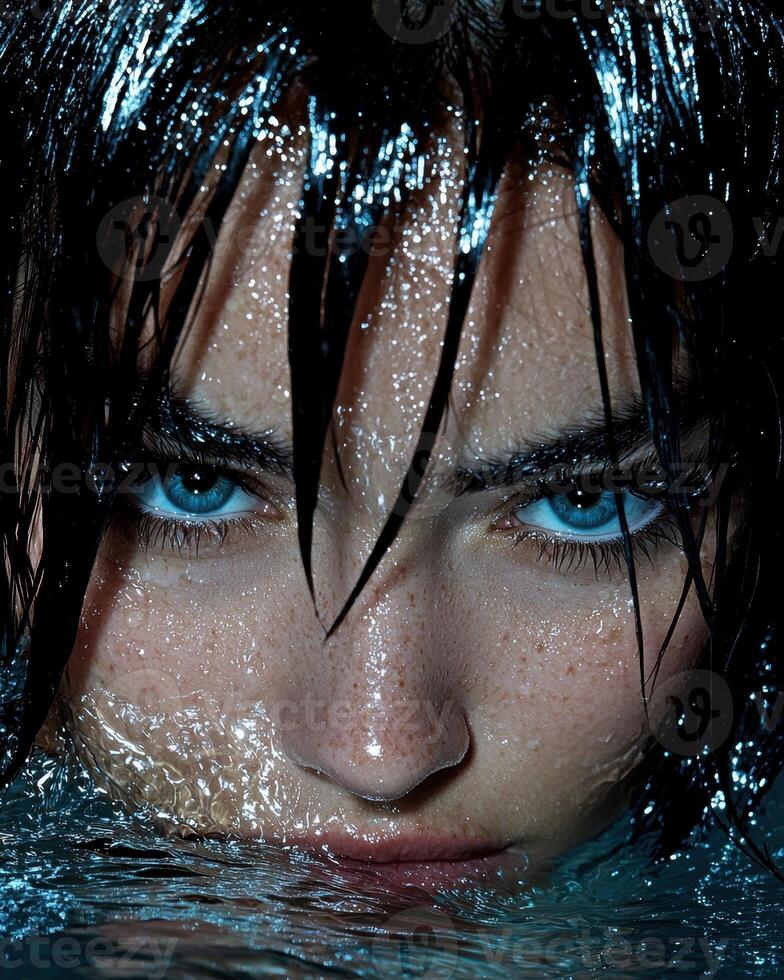 Close up of a womans face partially submerged in water, showcasing her striking blue eyes and wet hair photo