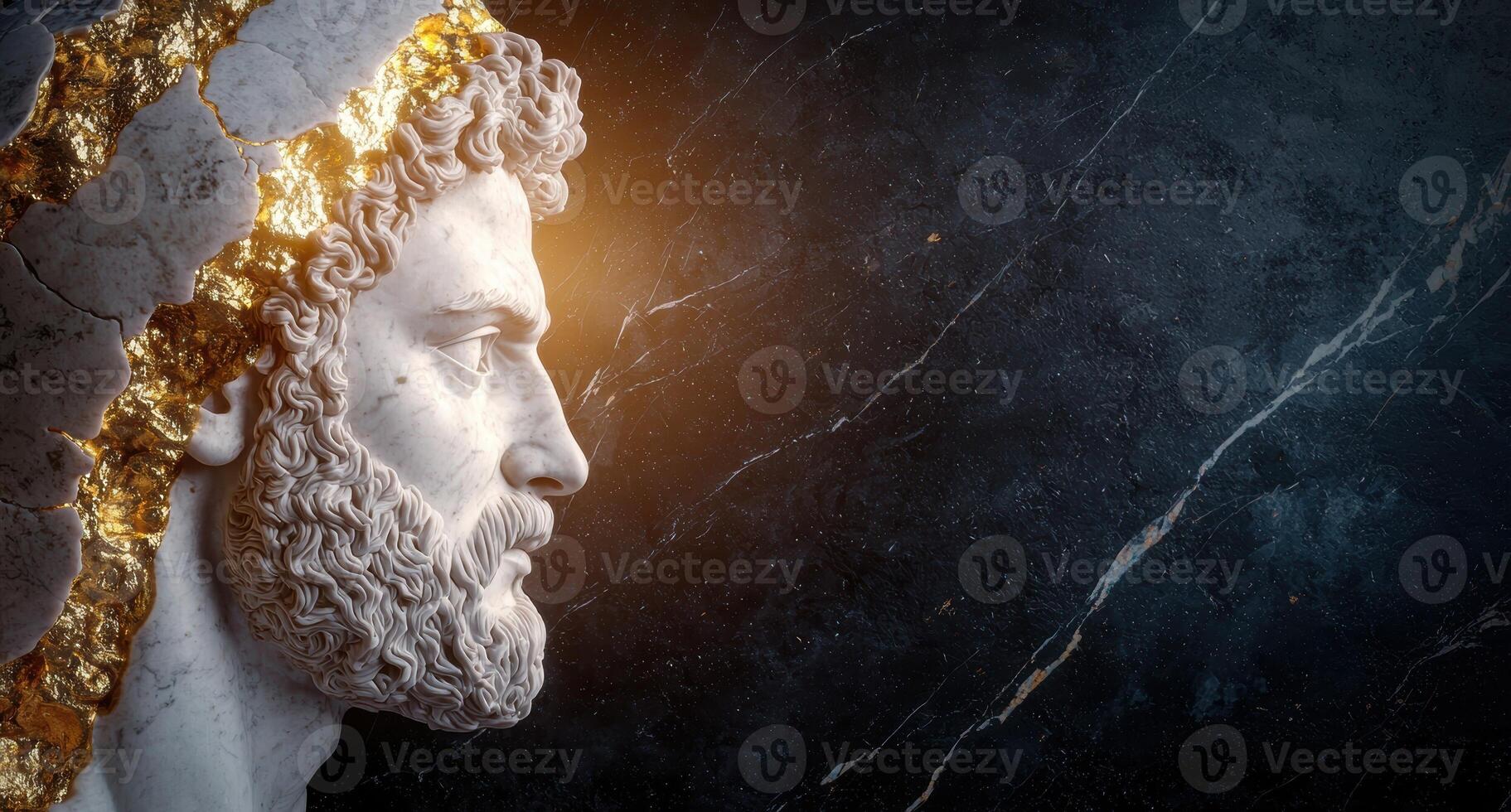 Marble bust of a man with gold accents against a dark background photo
