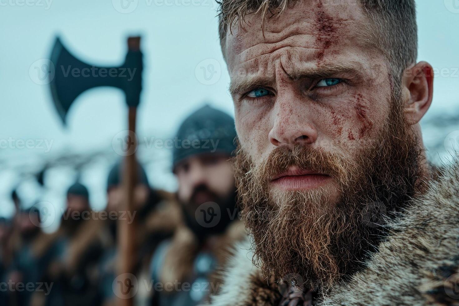 A fierce warrior with battle scars and a determined gaze stands ready for combat photo