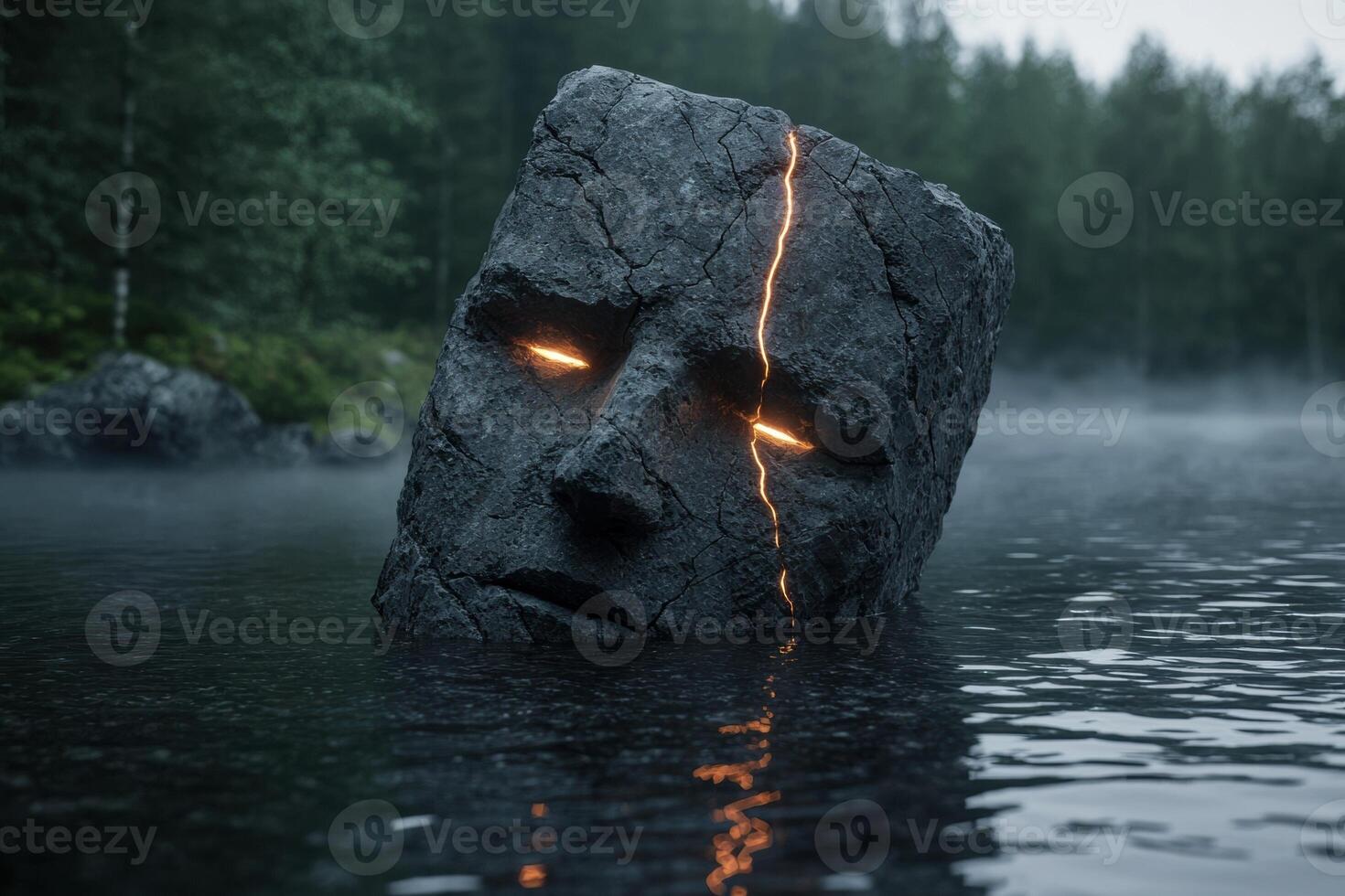 Stone face emerging from a misty lake photo