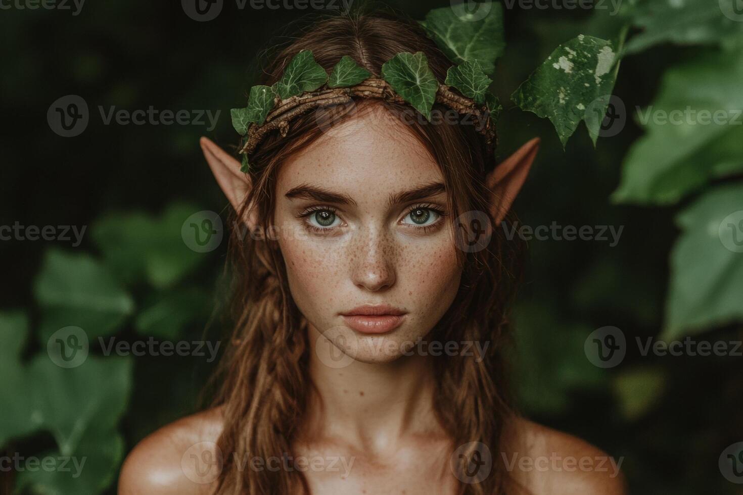 Portrait of a beautiful elf woman with a leafy crown photo