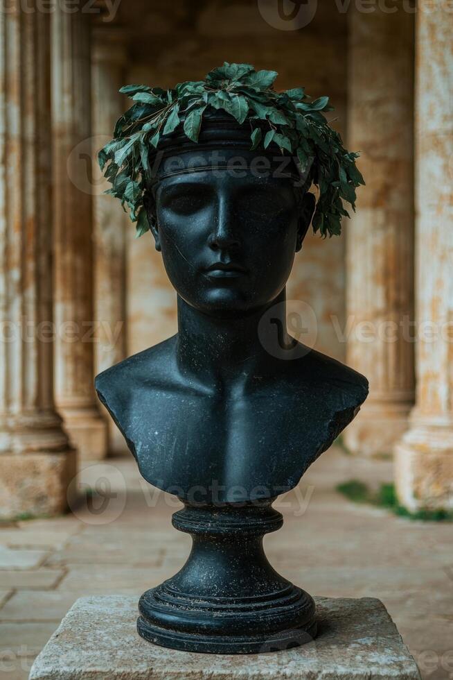 Bust with laurel wreath in a colonnade photo