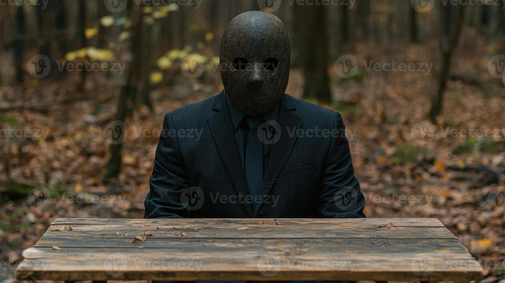 Mysterious figure in a mask sitting at a table in the woods photo