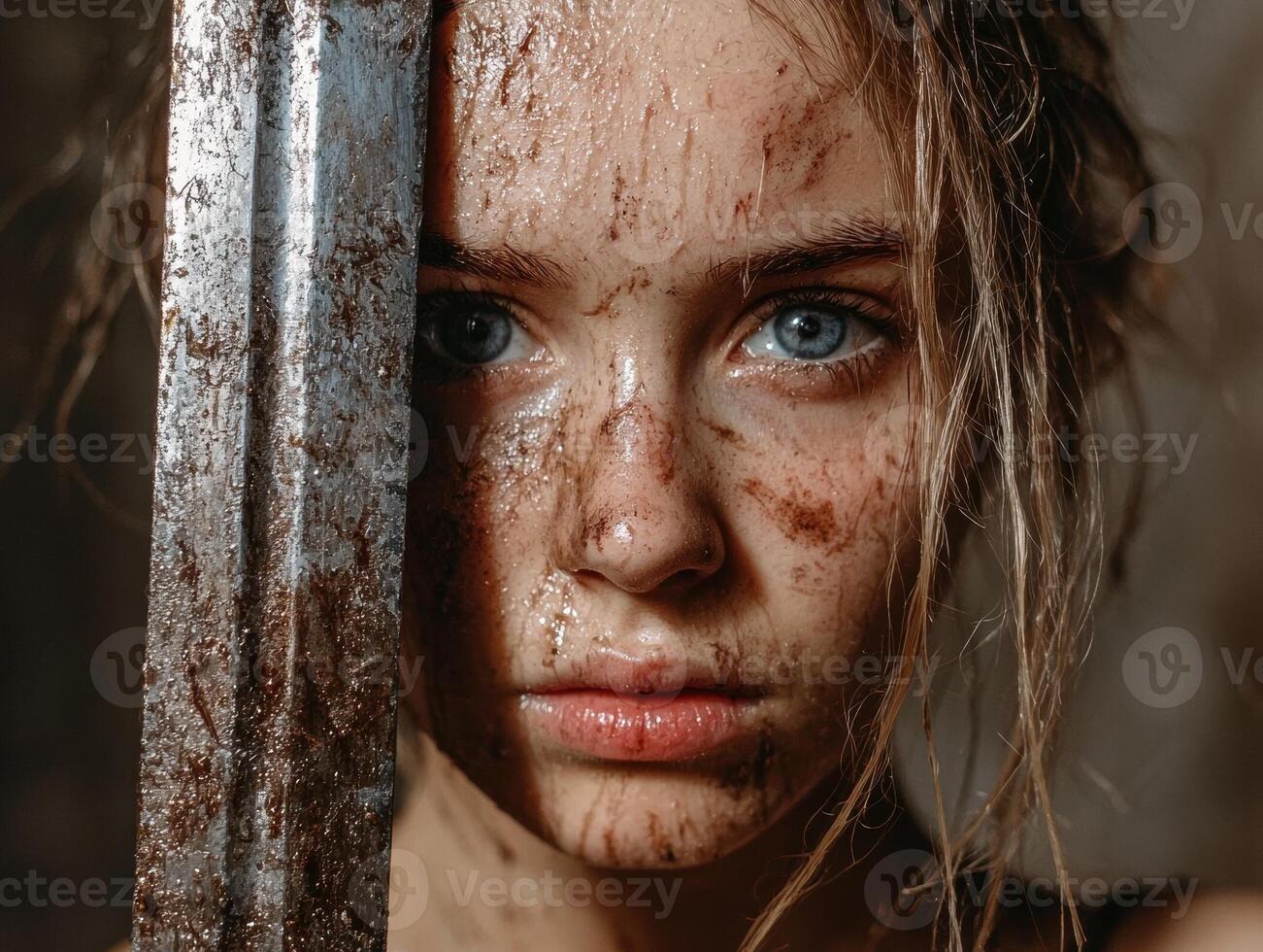 A young woman warrior with a sword and mud on her face photo