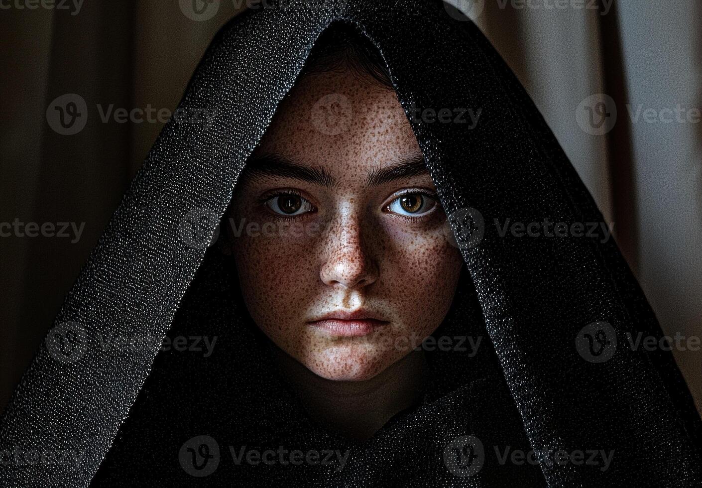 A girl with freckles wearing a black hood photo