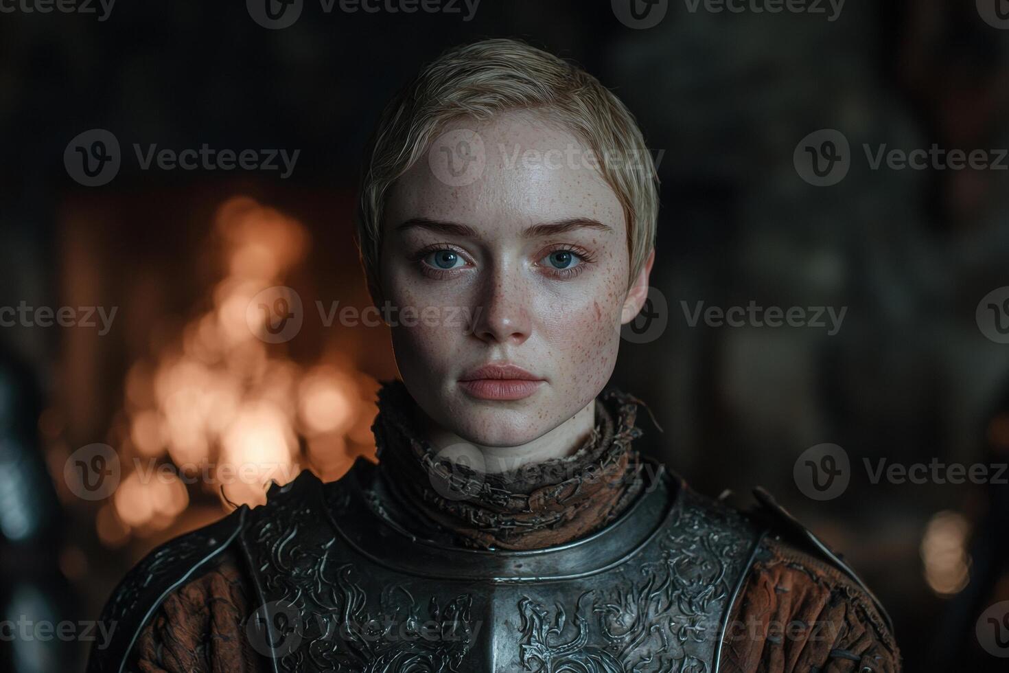 A woman with short blonde hair and freckles wearing armor photo