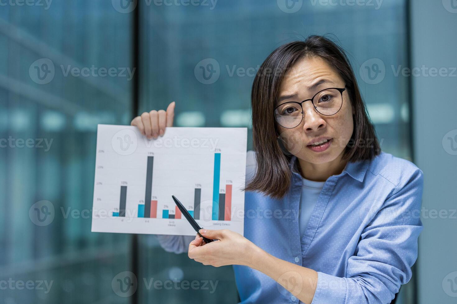 Webcam view, online business meeting remote conference presentation. Woman anxious and upset showing report graph with negative indicators. Asian financier inside office at workplace. photo