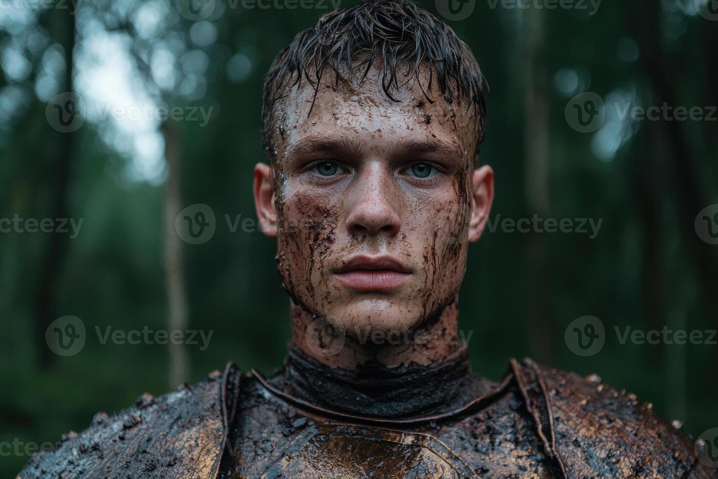 A determined warrior stands ready for battle, covered in mud photo